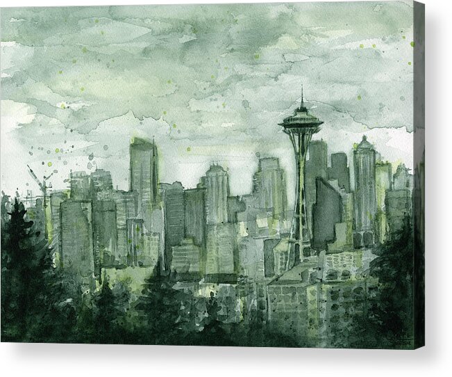 Seattle Acrylic Print featuring the painting Seattle Skyline Watercolor Space Needle by Olga Shvartsur
