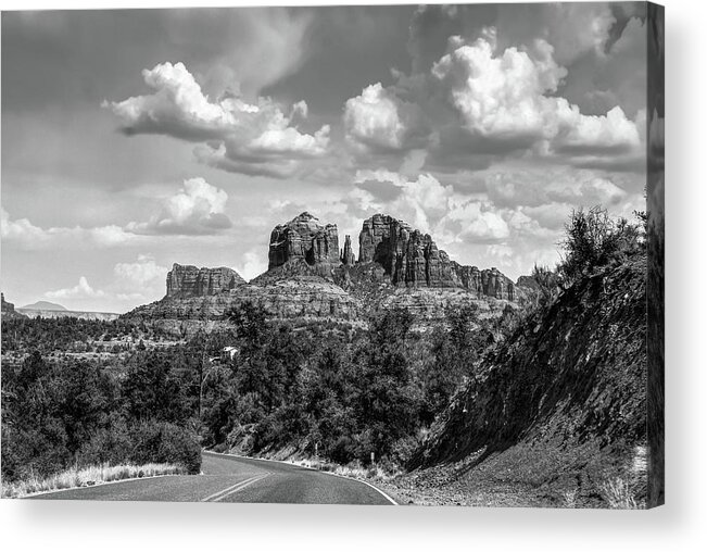 America Acrylic Print featuring the photograph Sedona Arizona Black and White Landscape - Cathedral Rock by Gregory Ballos