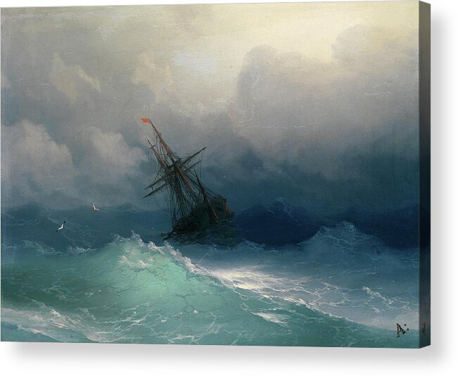 Ivan Konstantinovich Aivazovsky; Ship On Stormy Seas Acrylic Print featuring the painting Ship on Stormy Seas by MotionAge Designs