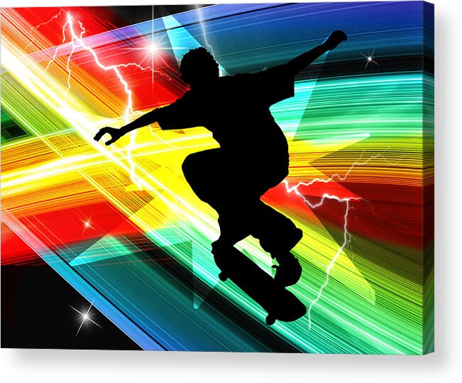 Skateboard Skate+boarding Sports Athletic Stunts Acrylic Print featuring the painting Skateboarder in Criss Cross Lightning by Elaine Plesser