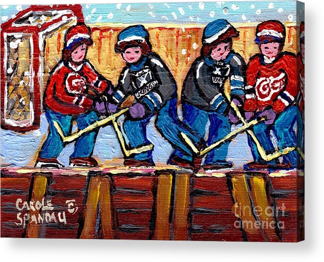 Hockey Acrylic Print featuring the painting Snowfall Hockey Rink Paintings Detroit Red Wings Vs La Kings Hockey Fun Winter Art Carole Spandau by Carole Spandau