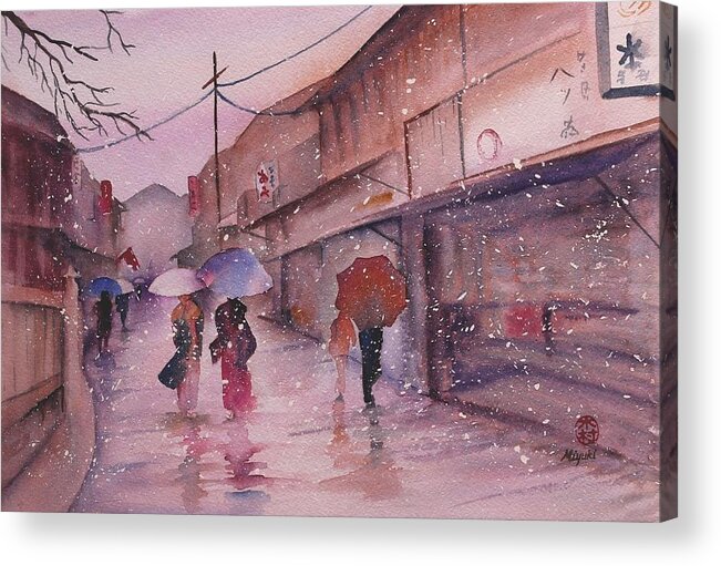 Kyoto Acrylic Print featuring the painting Snowy Kyoto Day by Kelly Miyuki Kimura