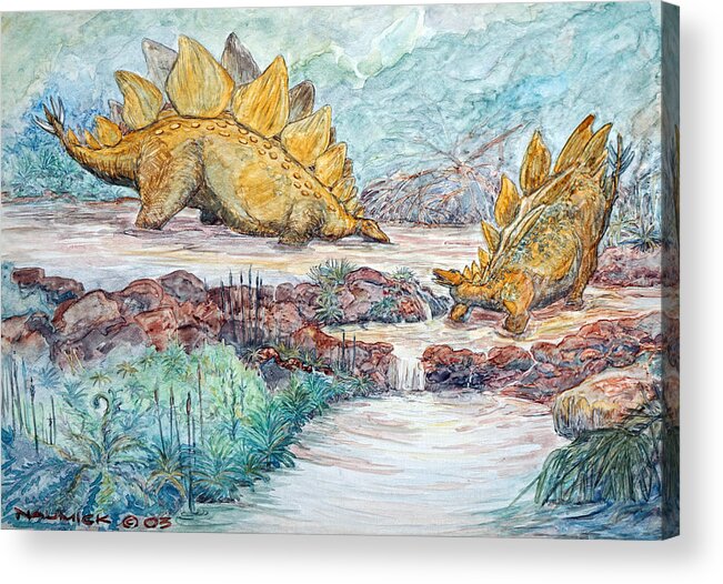 Dinosaur Acrylic Print featuring the painting Stego Brook by Dennis Naumick