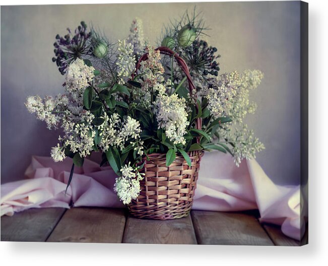 Flowers Acrylic Print featuring the photograph Still life with fresh privet flowers in the basket by Jaroslaw Blaminsky