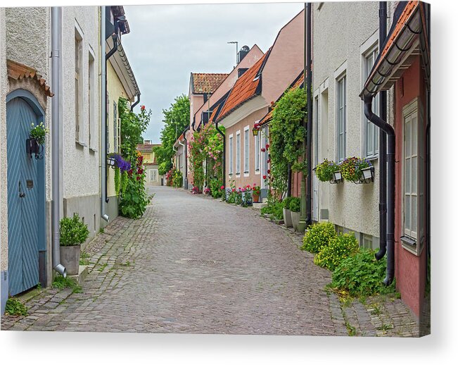 Street Acrylic Print featuring the photograph Street with old houses in a Swedish town Visby by GoodMood Art