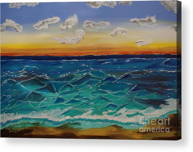 Landscape Acrylic Print featuring the painting Sunset and Waves by Jimmy Clark