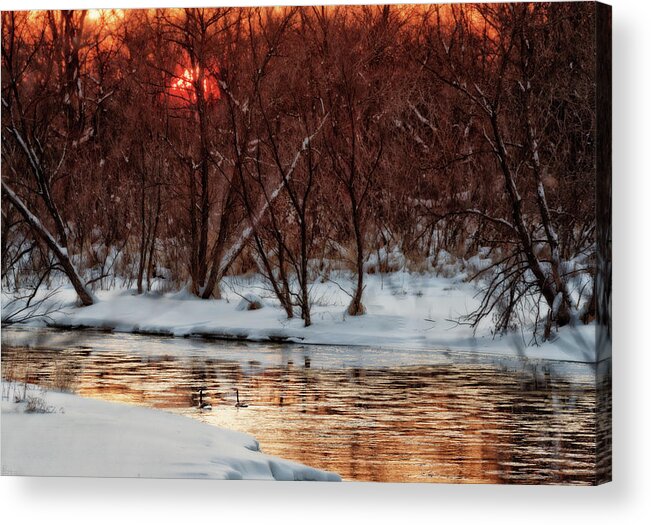 River Yahara Wisconsin Wi Geese Sunset Snow Winter Horizontal Landscape Scenic Water Frozen Golden Serene Beauty Rural Goose Acrylic Print featuring the photograph Sunset Just Around the Bend by Peter Herman