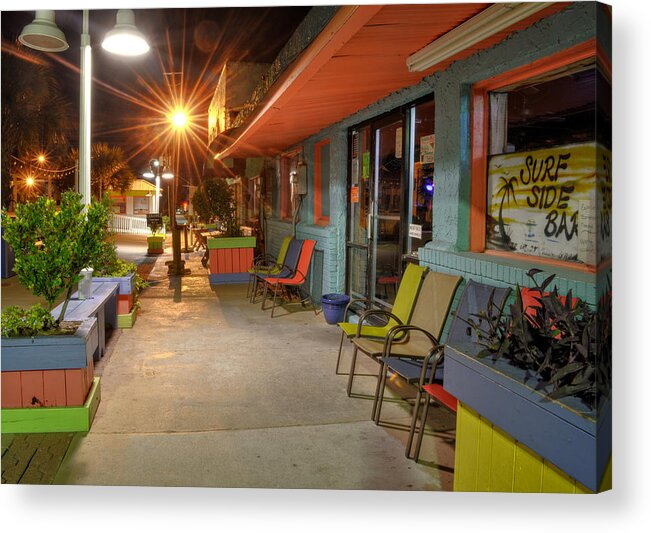 Surf Side Bar Acrylic Print featuring the photograph Surf Side Bar At Night by Greg and Chrystal Mimbs
