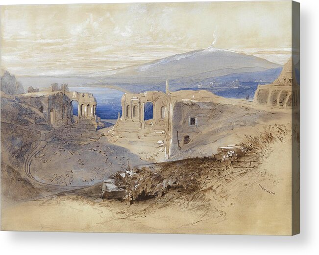 Edward Lear Acrylic Print featuring the drawing Taormina. Sicily by Edward Lear