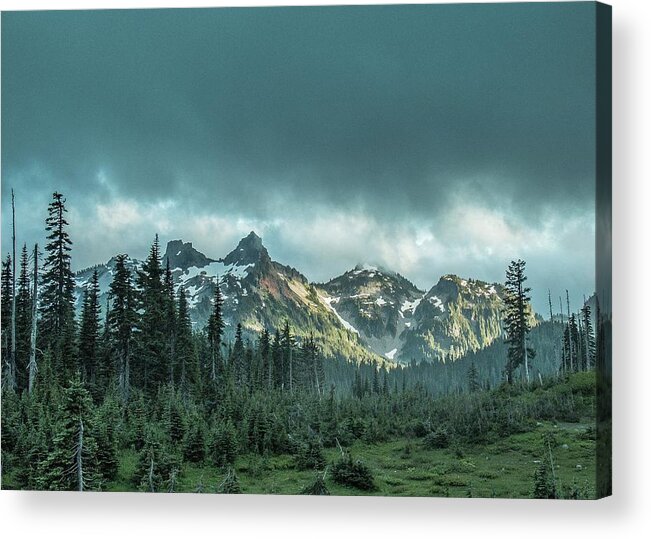 Mt. Rainier National Park Acrylic Print featuring the photograph Tatoosh with Storm Clouds by E Faithe Lester