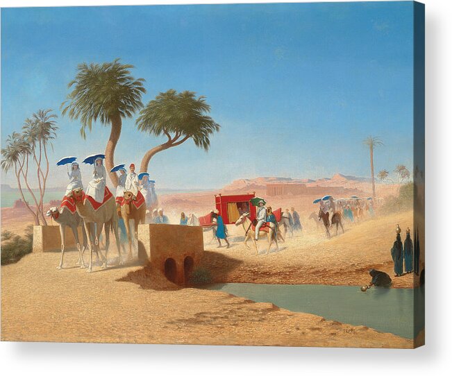Blue Acrylic Print featuring the painting The Empress Eugenie Visiting the Pyramids by Charles Theodore Frere
