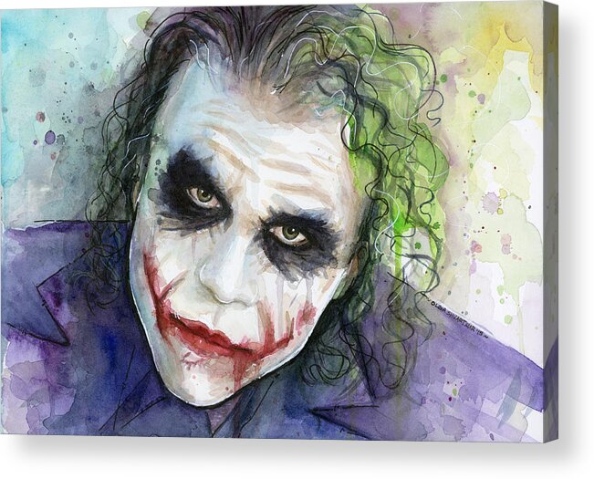 Dark Acrylic Print featuring the painting The Joker Watercolor by Olga Shvartsur