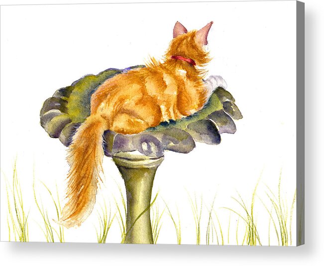 Cats Acrylic Print featuring the painting The Old Birdbath by Debra Hall