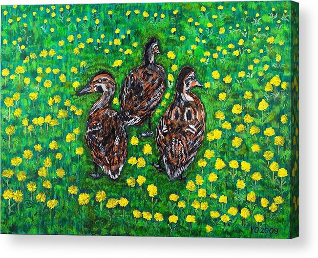 Bird Acrylic Print featuring the painting Three Ducklings by Valerie Ornstein