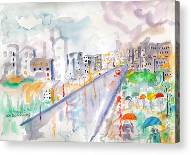 City Acrylic Print featuring the painting To The Wet City by Mary Armstrong