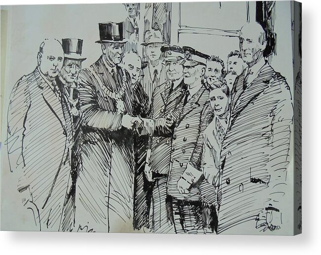 Freehand Acrylic Print featuring the drawing Tram drivers retirement. by Mike Jeffries