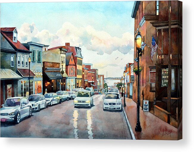 #watercolor #landscape #cityscape #annapolis #maryland #sunset #harbor #summer Acrylic Print featuring the painting Twilight Annapolis by Mick Williams
