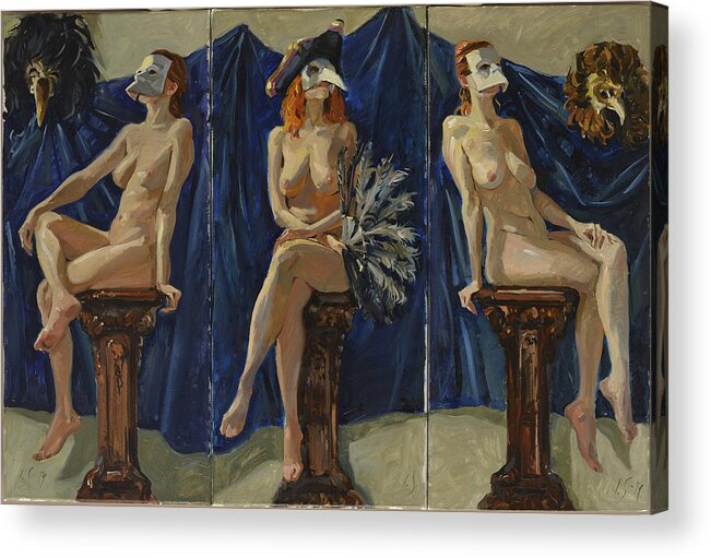 Painting Acrylic Print featuring the painting Venetian Women with Blue Background. Triptych by Igor Sakurov