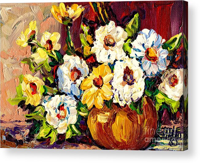 Sunflowers In Glass Vase And Tea Cup Acrylic Print featuring the painting Vibrant And Beautiful White And Yellow Flowers Colorfuloriginal Painting By Carole Spandau by Carole Spandau