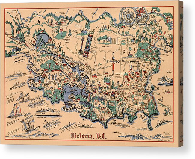 Victoria Acrylic Print featuring the mixed media Victoria, British Columbia - Vintage Illustrated Map - Historical Map - Pictorial Map by Studio Grafiikka