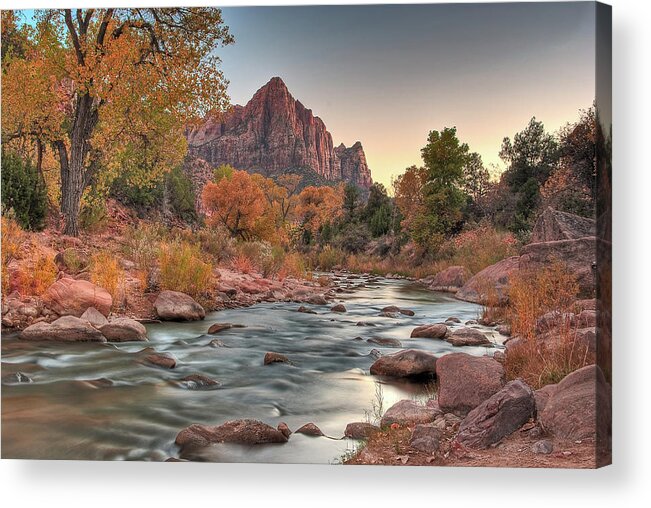 Landscape Acrylic Print featuring the photograph Virgin River and The Watchman by Greg Nyquist