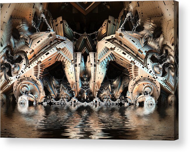 Sciencefiction Scifi Grunge Dystopian Fractal Fractalart Steampunk Mandelbulb3d Mandelbulb Water Lake Acrylic Print featuring the digital art Water Hazard by Hal Tenny