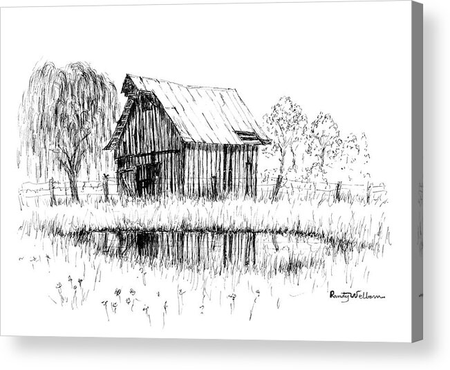 Weeping Willow Acrylic Print featuring the drawing Weeping Willow and Barn Two by Randy Welborn