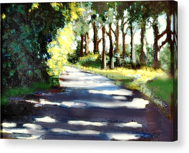 Idealized Version Of A Country Road Painting Acrylic Print featuring the painting What Waits For Us Down The Road by David Zimmerman