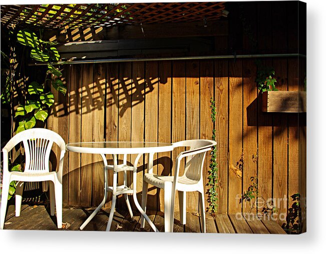 White Acrylic Print featuring the photograph White table with chairs by Zalman Latzkovich