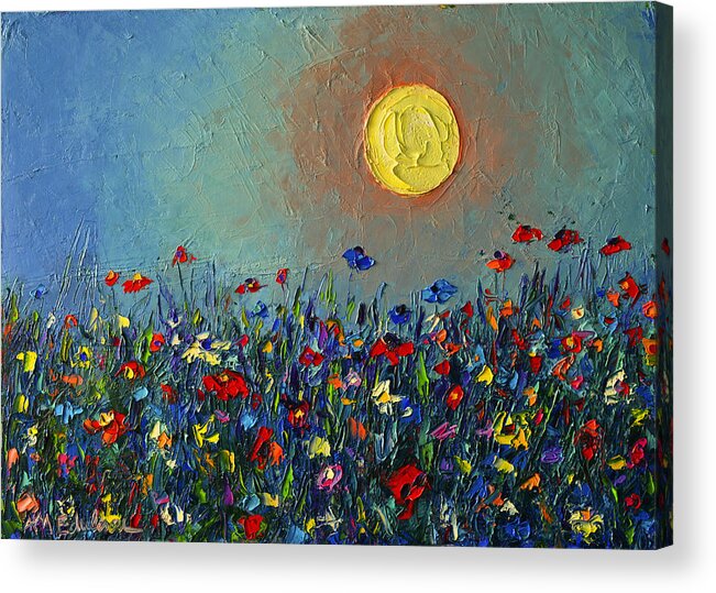 Wildflowers Acrylic Print featuring the painting Wildflowers Meadow Sunrise Modern Floral Original Palette Knife Oil Painting By Ana Maria Edulescu by Ana Maria Edulescu