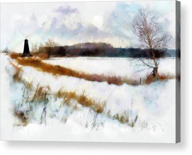 Landscape Acrylic Print featuring the painting Windmill in the snow by Valerie Anne Kelly