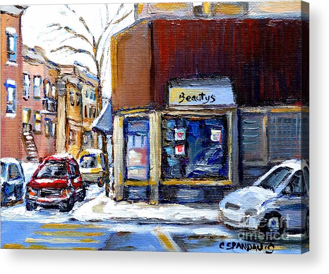 Beauty's Restaurant Acrylic Print featuring the painting Winter At Beauty's Restaurant City Scene Landmark Paintings Montreal Memories Exceptional Canada Art by Carole Spandau
