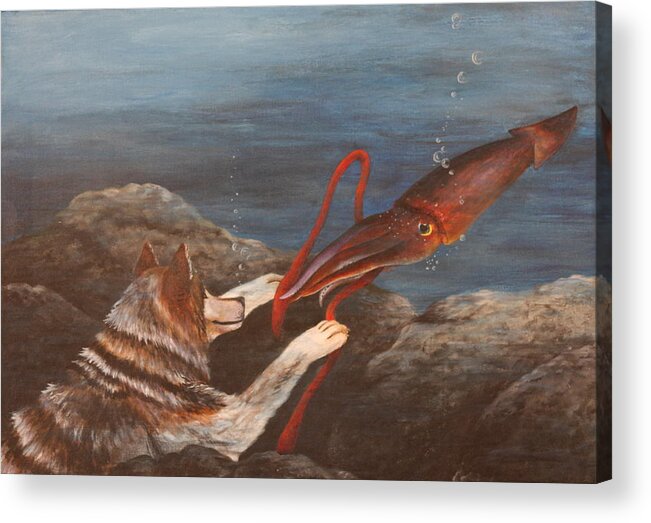 Wolf Acrylic Print featuring the painting Wolf and Squid by Michelle Miron-Rebbe