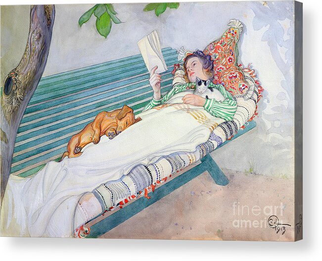 Woman Acrylic Print featuring the painting Woman Lying on a Bench by Carl Larsson