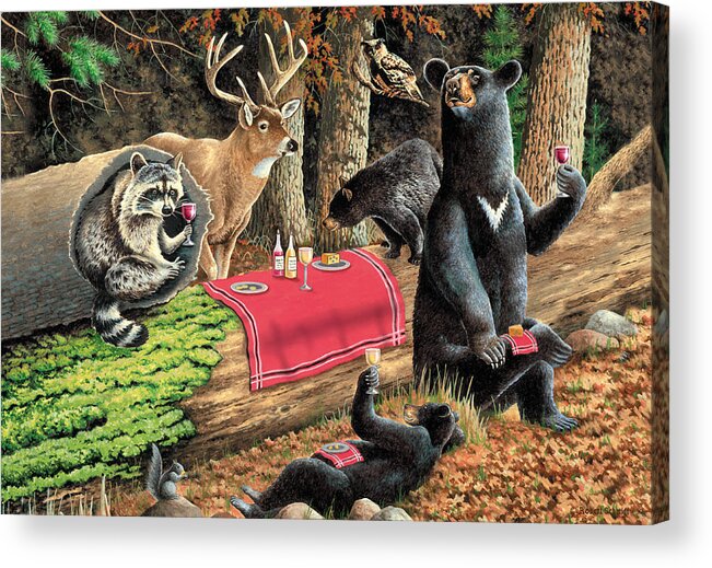 Wildlife Acrylic Print featuring the painting Woodland Wine Tasting by JQ Licensing