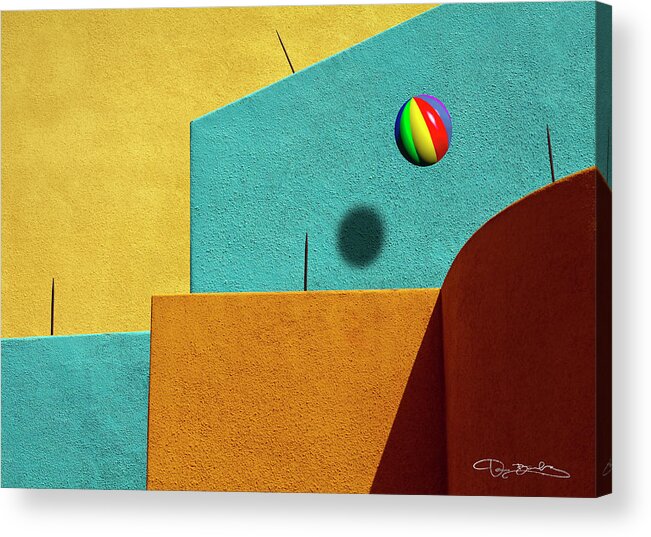 Beach Ball Acrylic Print featuring the photograph Yellow And Turquoise Walls With Beach Ball And Spikes by Dan Barba
