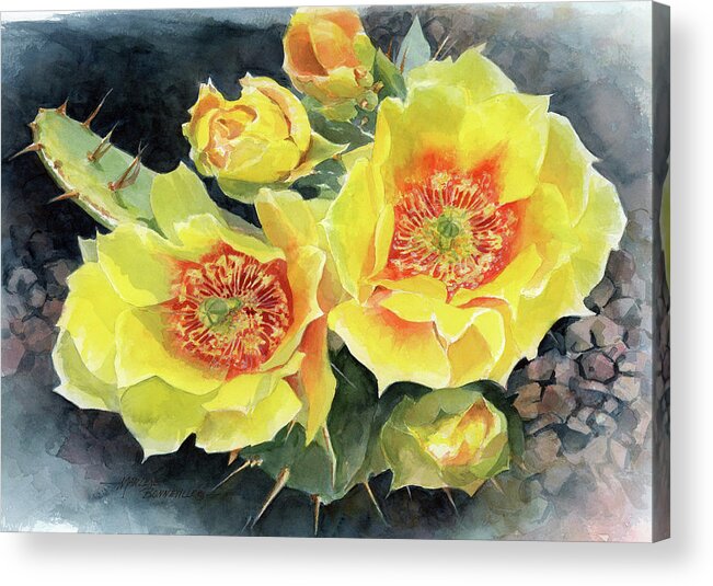 Yellow Flowers Acrylic Print featuring the painting Yellow Cactus by Marlene Bonneville