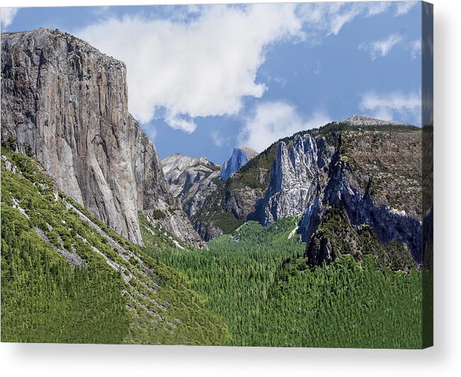 Yosemite Acrylic Print featuring the photograph Yosemite Valley Showing El Capitan Half Dome and the Three Brothers Formation by William Bitman