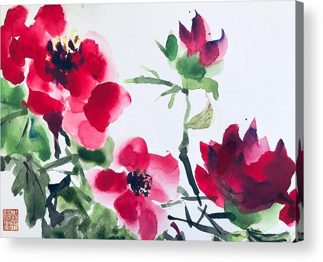 Chinese Brush Painting Of Peonies Acrylic Print featuring the painting Blossoming #1 by Lavender Liu