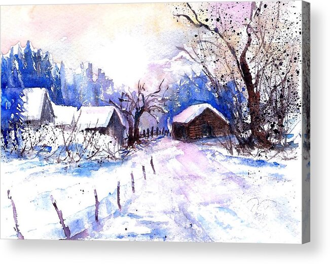 Mountain Village In Snow Acrylic Print featuring the painting Mountain Village in Snow #2 by Sabina Von Arx