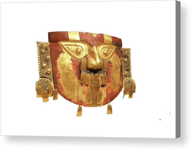 Museum Acrylic Print featuring the photograph Peruvian Funerary mask, hammered gold from Peru , 9th - 11th cen #1 by Steve Estvanik