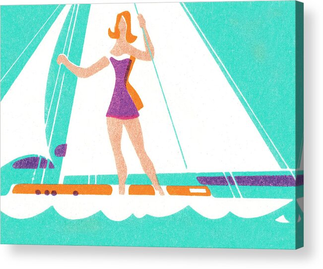 Activity Acrylic Print featuring the drawing Woman on sailboat #1 by CSA Images