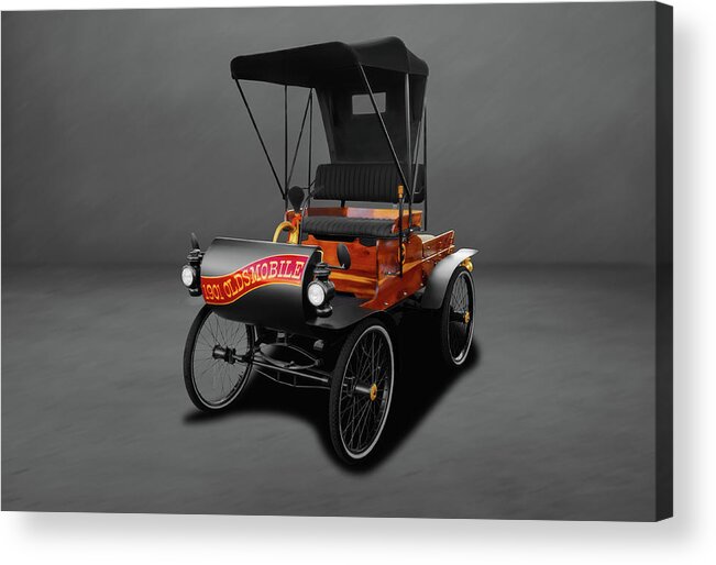 Frank J Benz Acrylic Print featuring the photograph 1901 Oldsmobile Model R Curved Dash - 1901oldsmobilemdlrcurvedashgray141946 by Frank J Benz