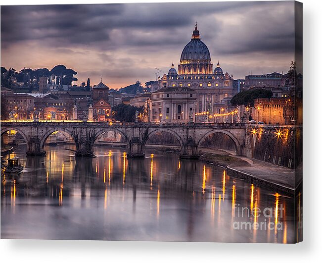 Capital Acrylic Print featuring the photograph Illuminated Bridge In Rome Italy by Sophie Mcaulay