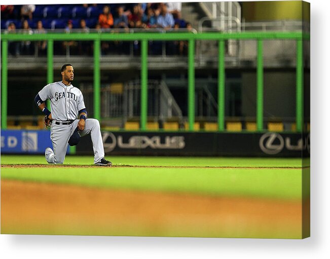 American League Baseball Acrylic Print featuring the photograph Seattle Mariners V Miami Marlins by Mike Ehrmann