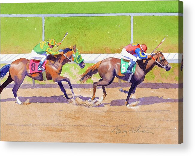 Horses Acrylic Print featuring the painting 8 Chasing 5 at Del Mar by Mary Helmreich