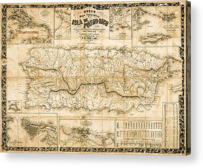 Old Map Acrylic Print featuring the photograph Antique topographical map of Puerto Rico 1863 while under Spanish rule. by Phil Cardamone