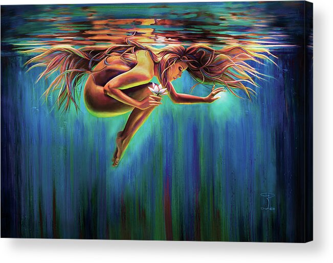 Aquarian Rebirth Woman Underwater Emotional Receptive Sensitive Lotus Sacred Divine Feminine Water Watercolor Floating Age Of Aquarius Fetal Position Goddess Spiritual Consciousness Moss Curled Up Long Hair Flowing Reflection Mermaid Awakening Rebirth Inner Journey Going Within Internal World Holding Breath Peace Love Gentle Beauty Swimming Floating Ethereal Whimsical Peaceful Quiet Enlightenment Acrylic Print featuring the painting Aquarian Rebirth by Robyn Chance