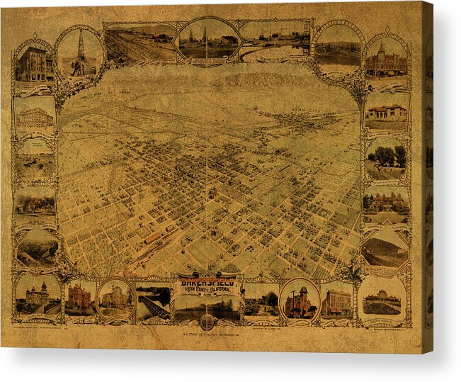 Bakersfield Acrylic Print featuring the mixed media Bakersfield California Vintage City Street Map 1901 by Design Turnpike