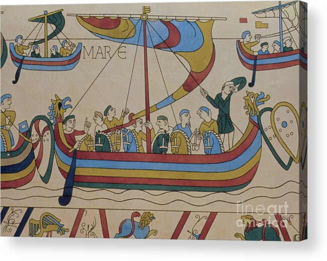 Norman Boat Acrylic Print featuring the photograph Bayeux Tapestry Showing Norman Ships In Use by George Bernard/science Photo Library